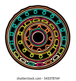 Circular abstract colorful ethnic pattern. Round vector ornament with color wavy stripes and rings in Maya style