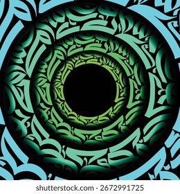 Circular abstract design featuring concentric rings of stylized calligraphy in shades of green