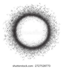 Um desenho abstrato circular apresentando um padrão de pontos de meio-tom que cria um efeito de gradiente radial, emanando de um vazio central.