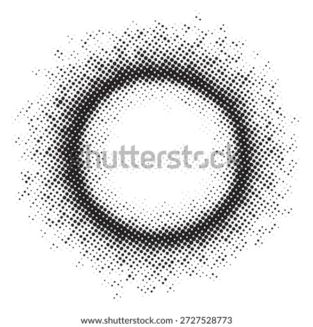 A circular abstract design featuring a halftone dot pattern that creates a radial gradient effect, emanating from a central void.