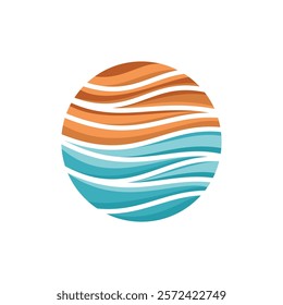 A circular abstract design with flowing lines of blue and orange.