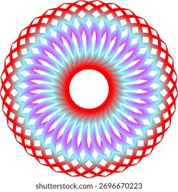 A circular abstract design with a red outer lattice and a gradient of blue and purple flowing inwards on a white background.