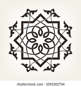 Circular abstract floral pattern in Arabic style. Monochrome round vector ornament. Mandala