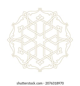 Circular abstract floral pattern in Arabic style. Round lace vector ornament with golden straight lines stars, stylized flowers and scrolls on white background. Mandala.