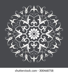 Circular abstract floral pattern. Mandala. Round vector ornament with intertwined branches, flowers  and curls. Arabesque.