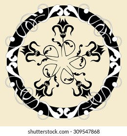 Circular abstract floral pattern. Mandala. Round vector ornament with intertwined branches, flowers and curls. Arabesque.