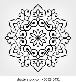 Circular abstract floral pattern. Mandala. Round vector ornament with stylized intertwined branches, flowers  and curls. Arabesque.