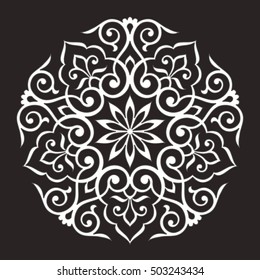 Circular abstract floral pattern. Mandala. Round vector ornament with stylized intertwined branches, flowers  and curls. Arabesque.