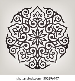 Circular abstract floral pattern. Mandala. Round vector ornament with stylized intertwined branches, flowers  and curls. Arabesque.