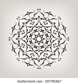 Circular abstract floral pattern. Mandala. Round vector ornament with intertwined branches, flowers  and curls  on light grey background. Arabesque.
