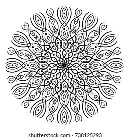 Circular abstract floral pattern. Mandala can be used as a greeting card. Round vector ornament with intertwined branches, curls and dots. Arabesque.