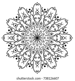 Circular abstract floral pattern. Mandala can be used as a greeting card. Round vector ornament with intertwined branches and curls. Arabesque.