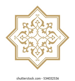 Circular abstract floral pattern. Round vector ornament with intertwined branches, flowers  and curls. Arabesque. Golden  Mandala. 
