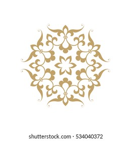 Circular abstract floral pattern. Round vector ornament with intertwined branches, flowers  and curls. Arabesque. Golden  Mandala
