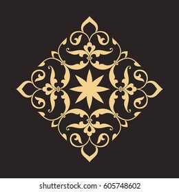 Circular abstract floral pattern. Round vector ornament with golden stylized branches and lives in arabesque style.