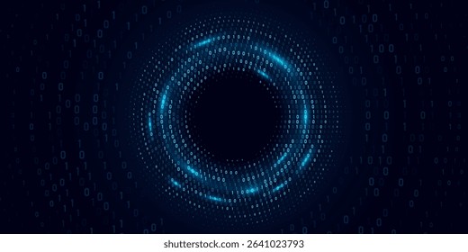 Circular abstract flow of glowing binary code forming a digital vortex. Big data visualization in cyberspace. Technology network background. AI programming machine. Vector illustration.