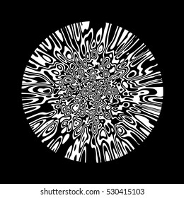 Circular abstract fractal pattern. Round vector ornament with wavy strips, ring and spots.