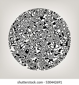 Circular abstract fractal pattern. Round vector ornament with wavy strips, ring and spots.