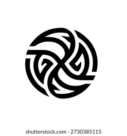 Abstraktes Kreissymbol, schwarze gewebte Linien, modernes geometrisches Symbol für Einheit und Verbindung