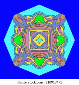 Circular abstract pattern of colored stripes and text on a bright blue  background. Handmade.
