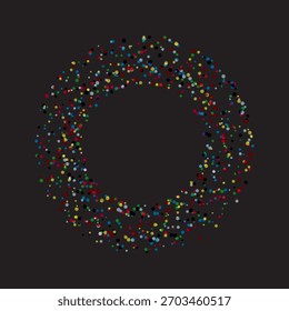 A circular, abstract pattern of colorful, shimmering confetti against a black background, creating a festive and celebratory feel