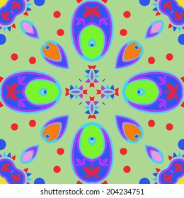 Circular abstract seamless pattern of floral motif  in a light colors on a green background.