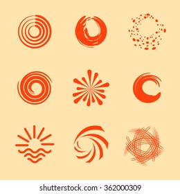Circular  abstract vector sun logo set. Collection of vortex like circles. Set of round simple flat red logotypes. Stylized natural disasters. Sunny vector symbols.
