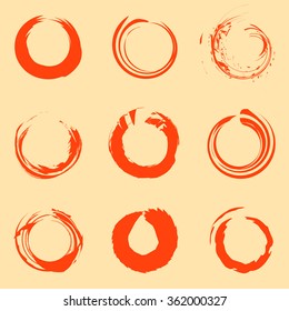 Circular  abstract vector sun logo set. Collection of vortex like circles. Set of round simple flat red logotypes. Stylized natural disasters. Sunny vector symbols.