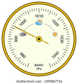 Circular analog barometer indicator.  Gold colored realistic aneroid barometer vector illustration.