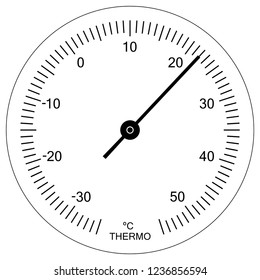 Circular analog thermometer indicator face. Measuring temperature in degrees celsius. Thermometer vector illustration.