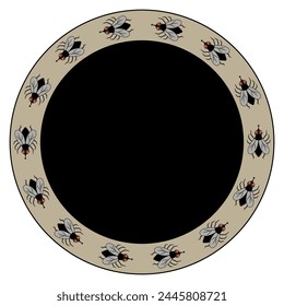 Circular animal border with flies or funny bugs. Round insect frame design.