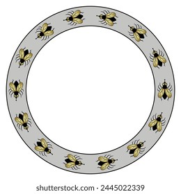 Circular animal border with golden flies or funny bugs. Round insect frame design.