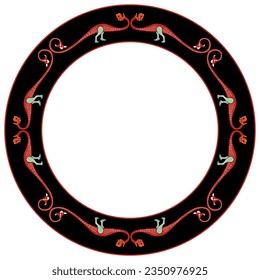 
Circular animal ornament or border with red medieval dragons on black background. Illuminated manuscript style.	