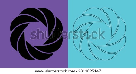 Circular aperture lens set in solid black and outline style on split purple and light blue backgrounds