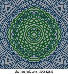 Circular arabesque pattern of delicate striped motif, waves, zigzag. Hand drawn.