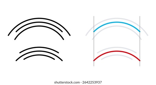 Circular arc, optical illusion. The center circle arc appears shorter or longer, although both are the same length. Similar to Muller-Lyer-illusion, created by the different lengths of the outer arcs.
