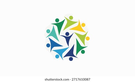 Una disposición circular de figuras humanas abstractas en colores vibrantes, que simbolizan la comunidad y el trabajo en equipo.