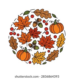 A circular arrangement of autumn elements including pumpkins, acorns, berries, and colorful fall leaves.