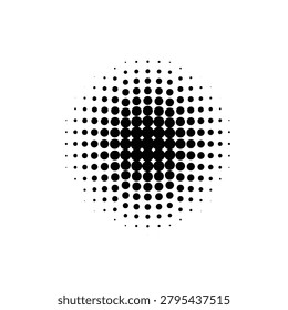 A circular arrangement of black dots creates a halftone effect. The dots are larger and denser in the center, fading out toward the edges.