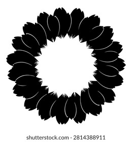 A circular arrangement of black feathers creating a decorative frame suitable for design projects and artistic compositions.