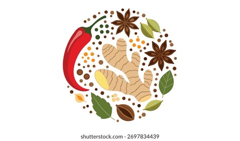 Arranjo circular de especiarias e ervas coloridas, incluindo gengibre, pimenta e anis estrelado, criando uma composição culinária vibrante.