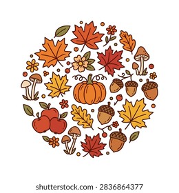 A circular arrangement of fall harvest elements including pumpkins apples acorns mushrooms and maple leaves