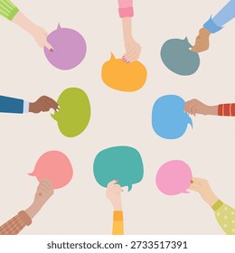 Circular arrangement of hands holding speech bubbles, representing inclusive dialogue, diverse opinions, and equal participation.