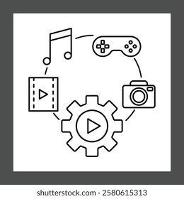 A circular arrangement of icons representing different media types