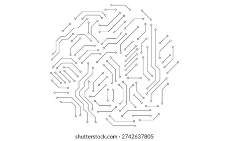 A circular arrangement of interconnected circuit board lines and nodes forming an abstract network on a white background.