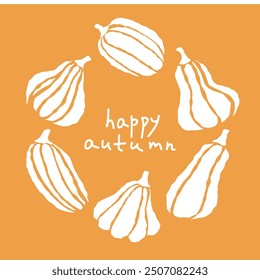 A circular arrangement of squash illustrations with a seasonal greeting on a vibrant orange background for autumn celebrations