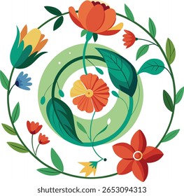 A circular arrangement of stylized flowers and leaves in shades of orange, yellow, blue, and green. The design features a central green circle with dotted accents.