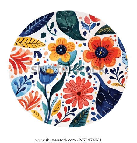 A circular arrangement of stylized flowers and leaves in a watercolor style, featuring a mix of warm and cool tones, with scattered dots adding a playful touch.