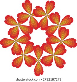 Um arranjo circular de doze pétalas de gradiente vermelho e laranja estilizadas formando uma mandala floral sobre um fundo branco