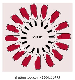 A circular arrangement of wine bottles showcasing red wine on a light background